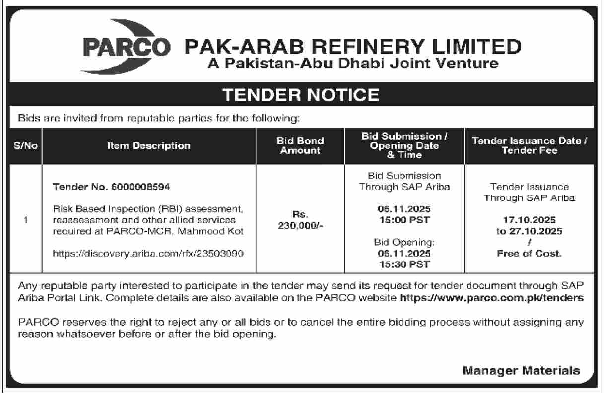 Pak Arab Refinery Limited Tender Notice